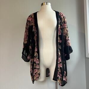 Black and pink floral kimono with lace crochet trim and sheer sleeves